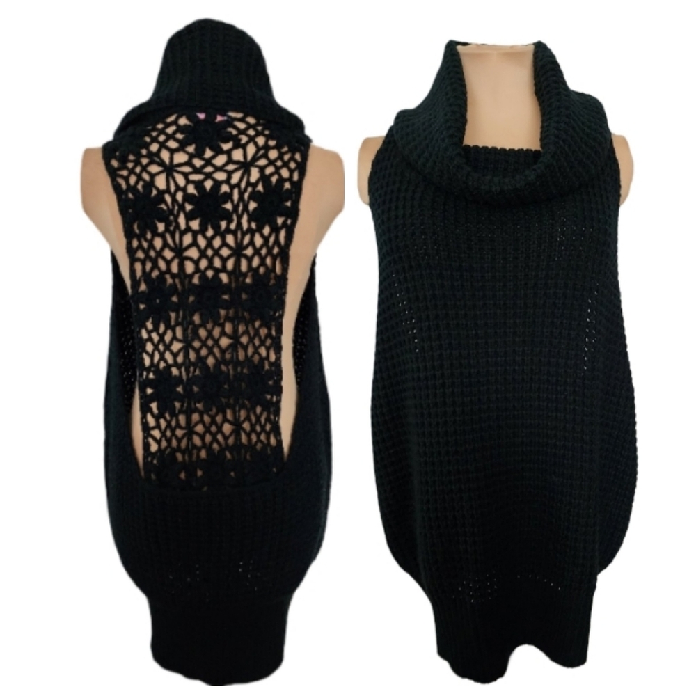 Wishful‎ Thinking Black Crochet Back Sweater Tunic Boho Goth Large